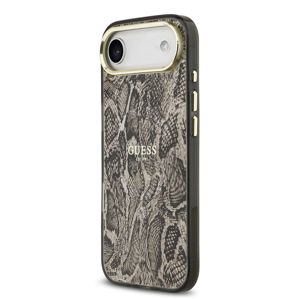 Apple iPhone 17 Air Kılıf Guess Orjinal Lisanslı M-safe Şarj Özellikli Yazı Logolu Python Desenli Kapak Kahverengi