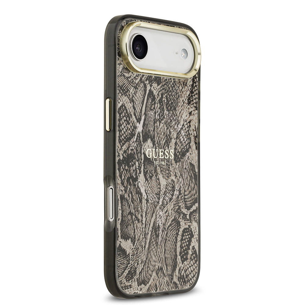 Apple iPhone 17 Air Kılıf Guess Orjinal Lisanslı M-safe Şarj Özellikli Yazı Logolu Python Desenli Kapak Kahverengi