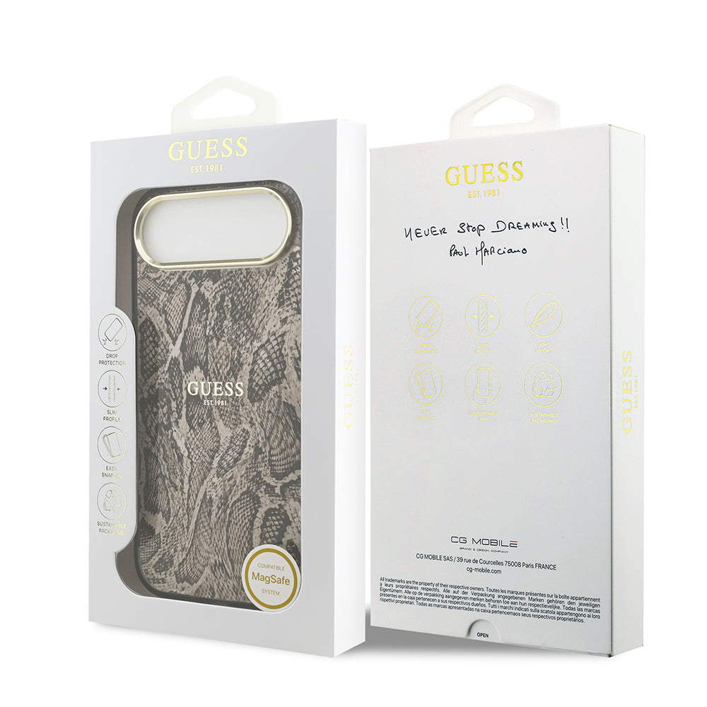 Apple iPhone 17 Air Kılıf Guess Orjinal Lisanslı M-safe Şarj Özellikli Yazı Logolu Python Desenli Kapak Kahverengi