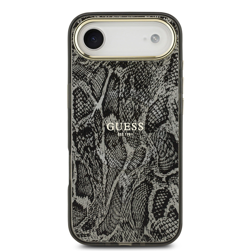Apple iPhone 17 Air Kılıf Guess Orjinal Lisanslı M-safe Şarj Özellikli Yazı Logolu Python Desenli Kapak Siyah