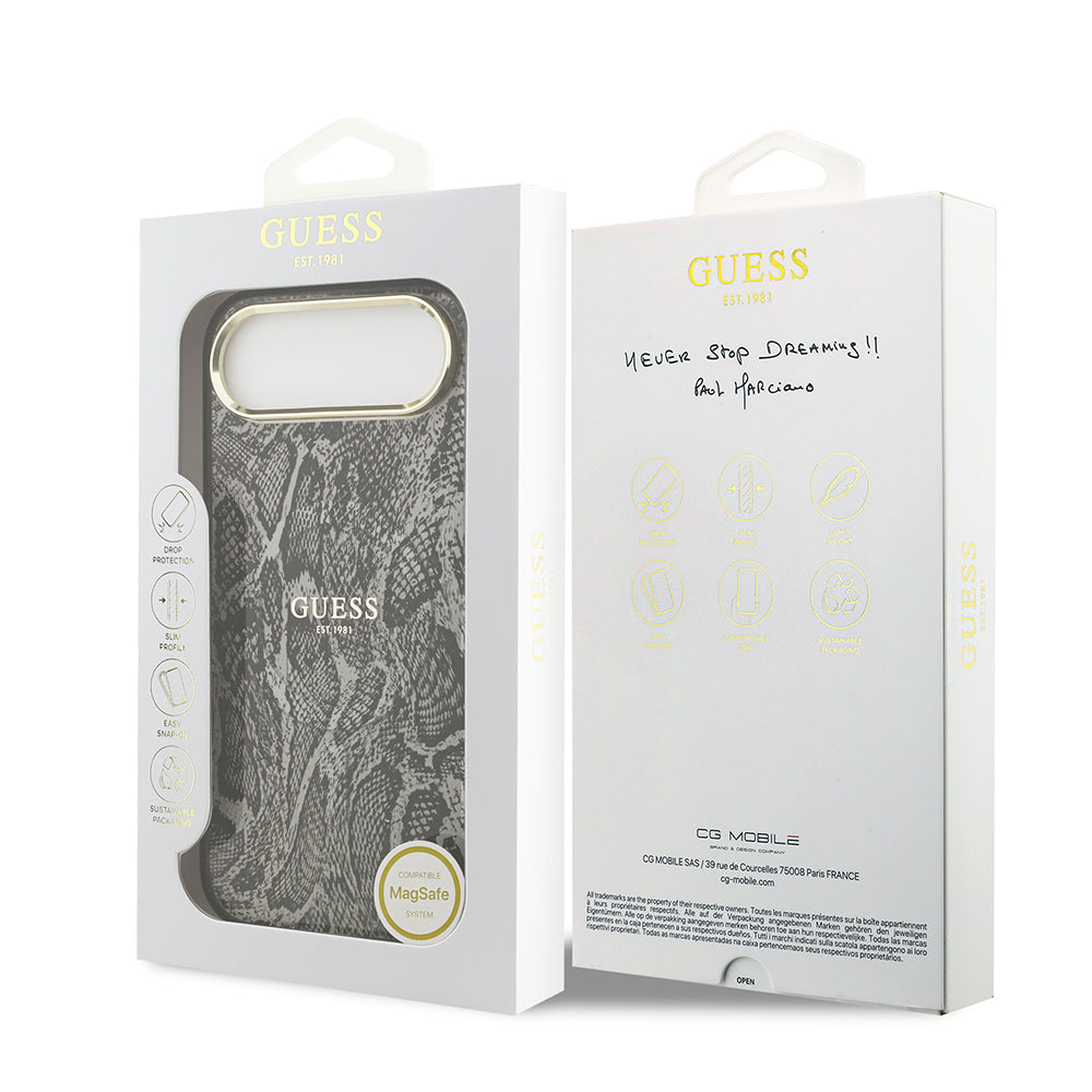 Apple iPhone 17 Air Kılıf Guess Orjinal Lisanslı M-safe Şarj Özellikli Yazı Logolu Python Desenli Kapak Siyah