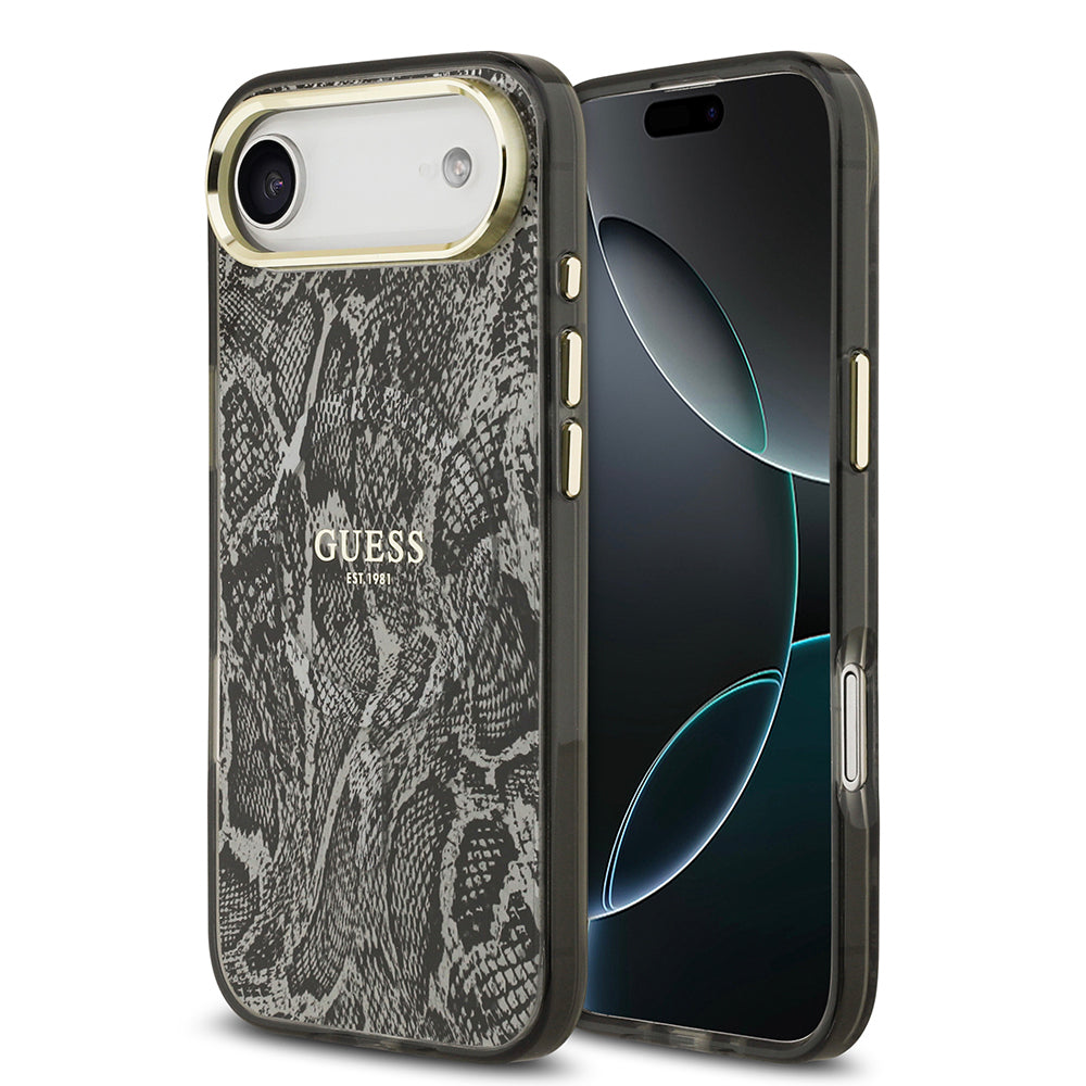 Apple iPhone 17 Air Kılıf Guess Orjinal Lisanslı M-safe Şarj Özellikli Yazı Logolu Python Desenli Kapak Siyah