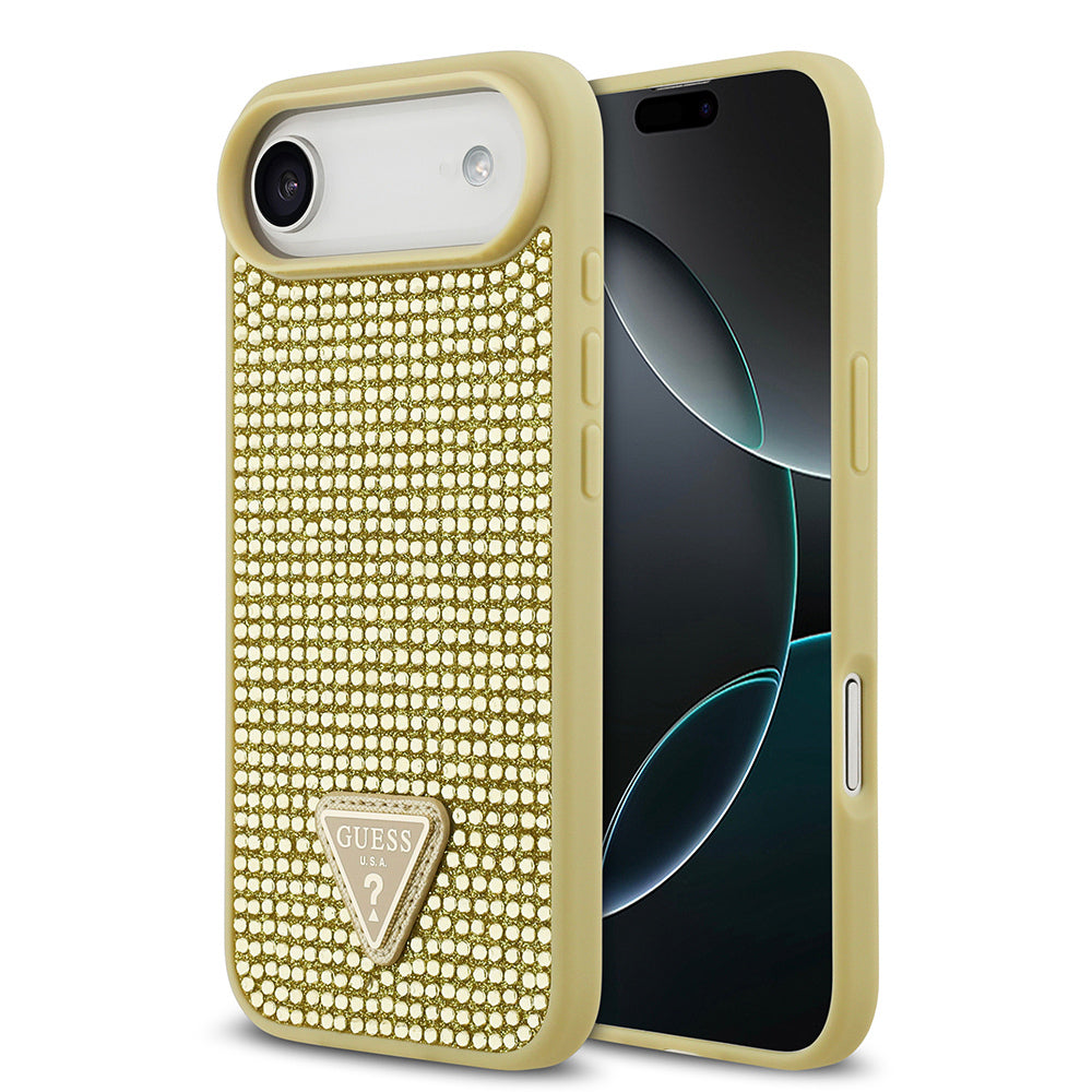 Apple iPhone 17 Air Kılıf Guess Orjinal Lisanslı Taşlı Arka Yüzey Üçgen Logolu Kapak Gold