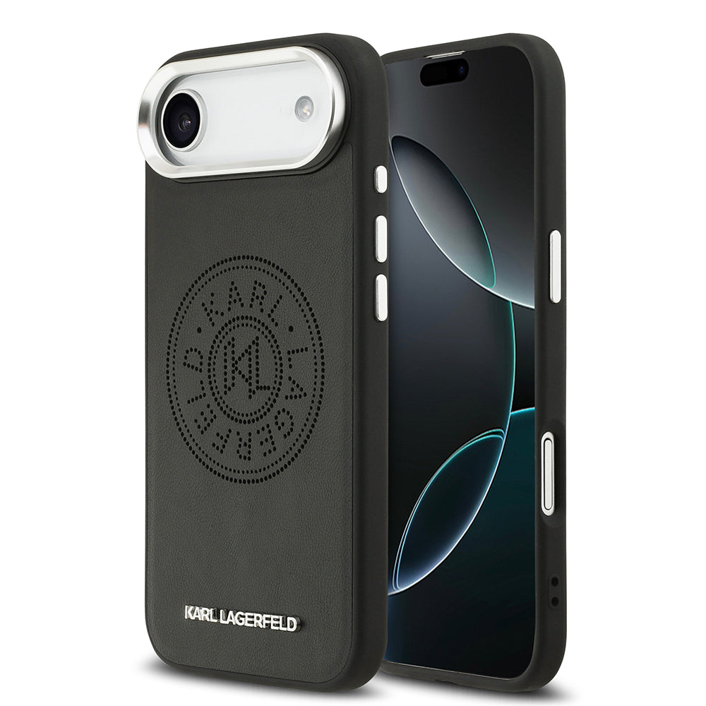 Apple iPhone 17 Air Kılıf Karl Lagerfeld Orjinal Lisanslı M-safe Şarj Özellikli Delikli Tasarım Metal Logolu PU Deri Kapak Siyah