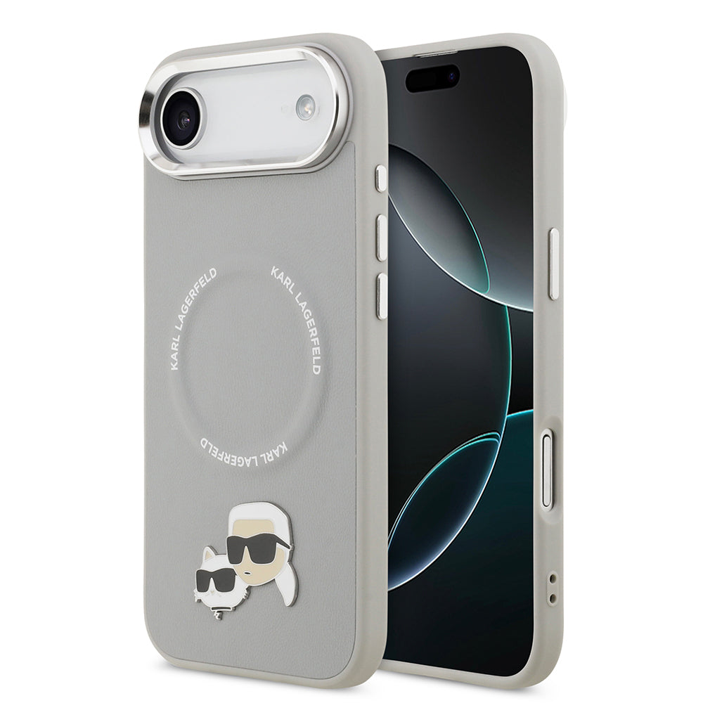 Apple iPhone 17 Air Kılıf Karl Lagerfeld Orjinal Lisanslı M-safe Şarj Özellikli Metal Kamera ve Buton Tasarımlı K&C PU Deri Kapak Gri