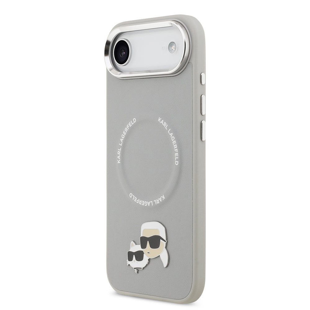 Apple iPhone 17 Air Kılıf Karl Lagerfeld Orjinal Lisanslı M-safe Şarj Özellikli Metal Kamera ve Buton Tasarımlı K&C PU Deri Kapak Gri