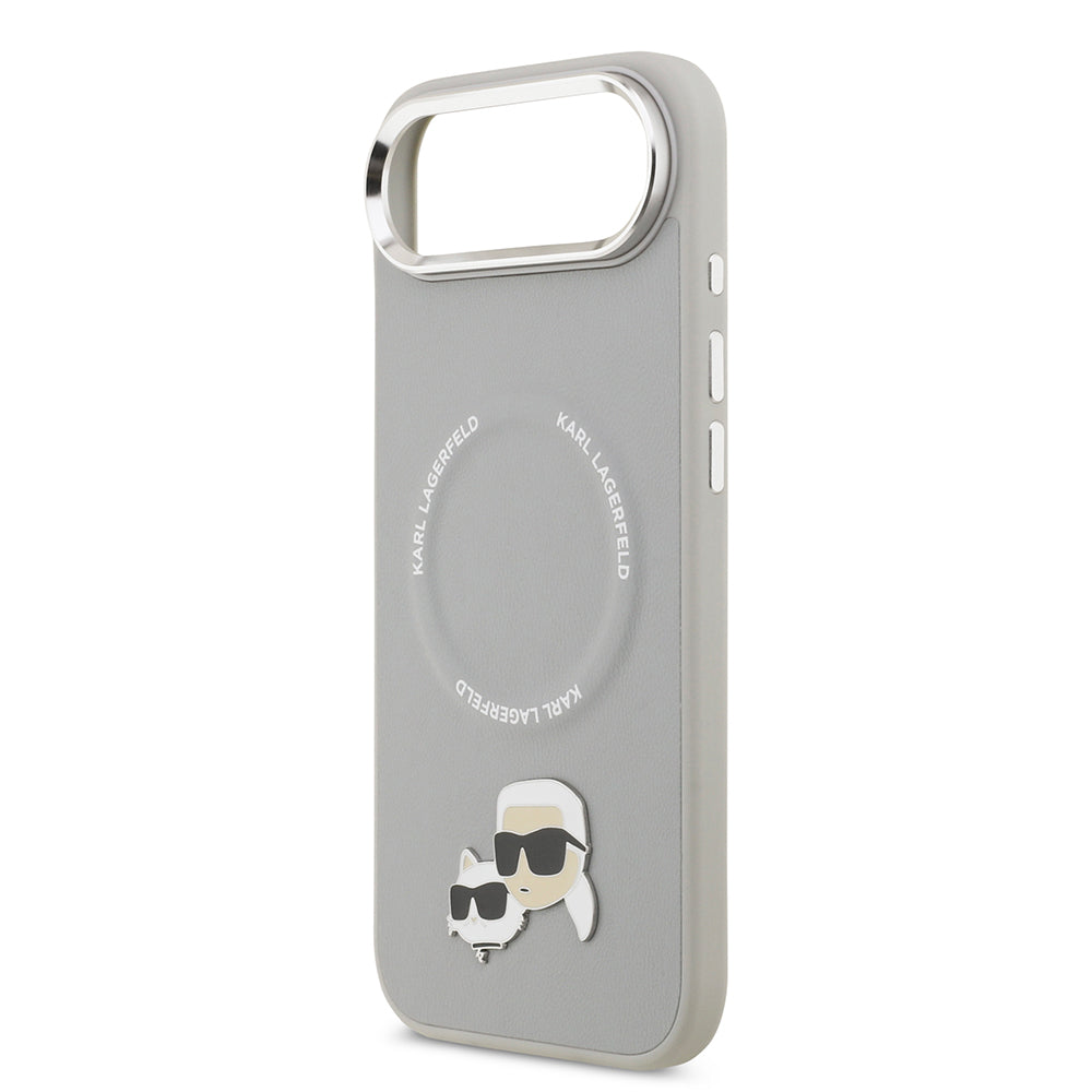 Apple iPhone 17 Air Kılıf Karl Lagerfeld Orjinal Lisanslı M-safe Şarj Özellikli Metal Kamera ve Buton Tasarımlı K&C PU Deri Kapak Gri