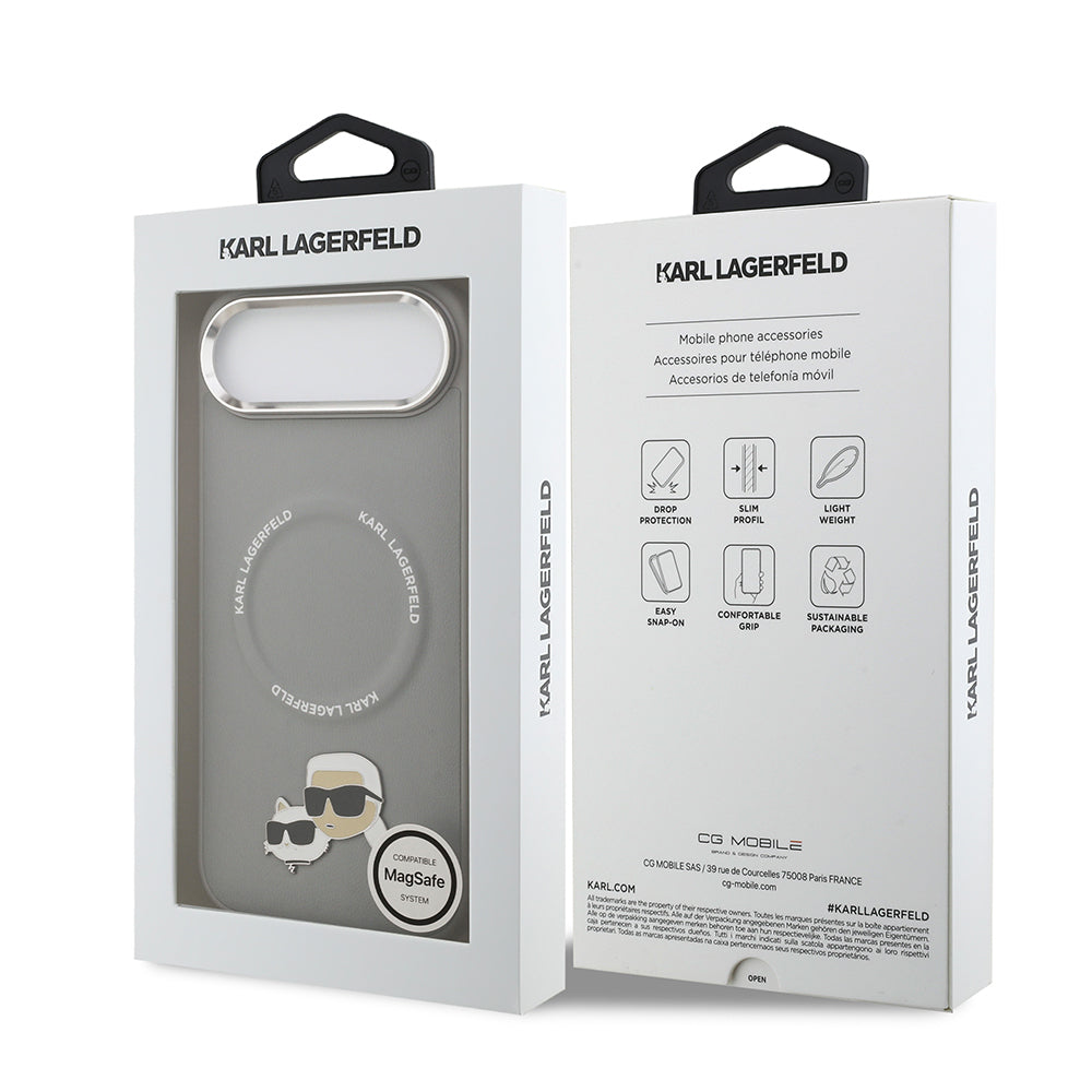 Apple iPhone 17 Air Kılıf Karl Lagerfeld Orjinal Lisanslı M-safe Şarj Özellikli Metal Kamera ve Buton Tasarımlı K&C PU Deri Kapak Gri