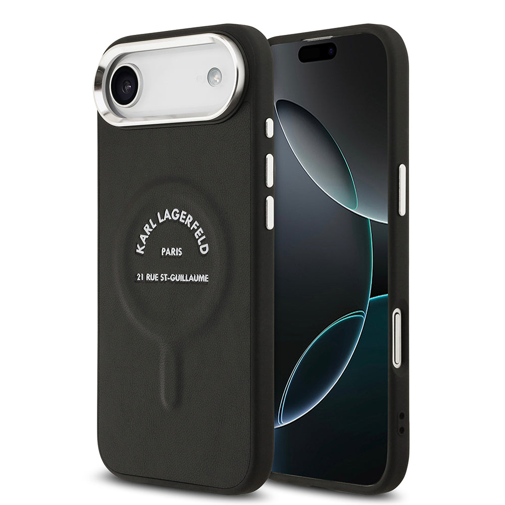 Apple iPhone 17 Air Kılıf Karl Lagerfeld Orjinal Lisanslı M-safe Şarj Özellikli Metal Kamera ve Buton Tasarımlı Paris RSG PU Deri Kapak Siyah