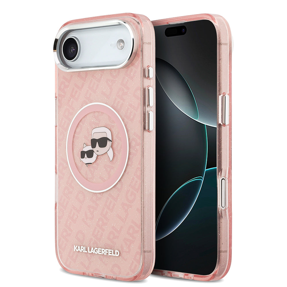 Apple iPhone 17 Air Kılıf Karl Lagerfeld Orjinal Lisanslı Parlayan Simli Karl & Choupette Heads Kapak Pembe