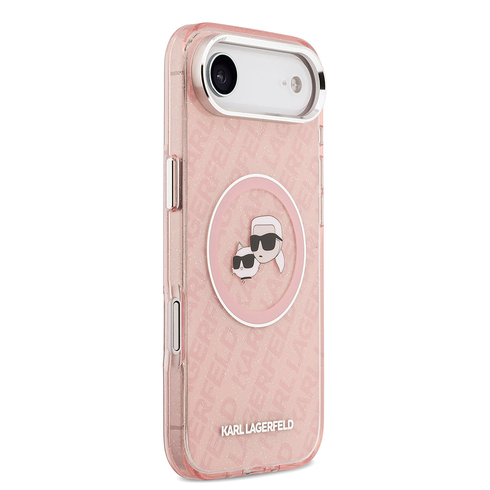 Apple iPhone 17 Air Kılıf Karl Lagerfeld Orjinal Lisanslı Parlayan Simli Karl & Choupette Heads Kapak Pembe