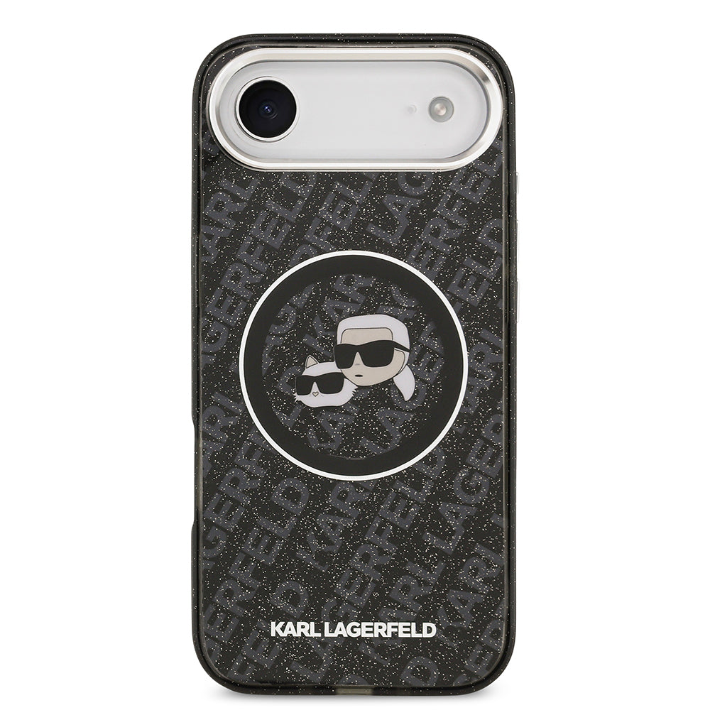 Apple iPhone 17 Air Kılıf Karl Lagerfeld Orjinal Lisanslı Parlayan Simli Karl & Choupette Heads Kapak Siyah