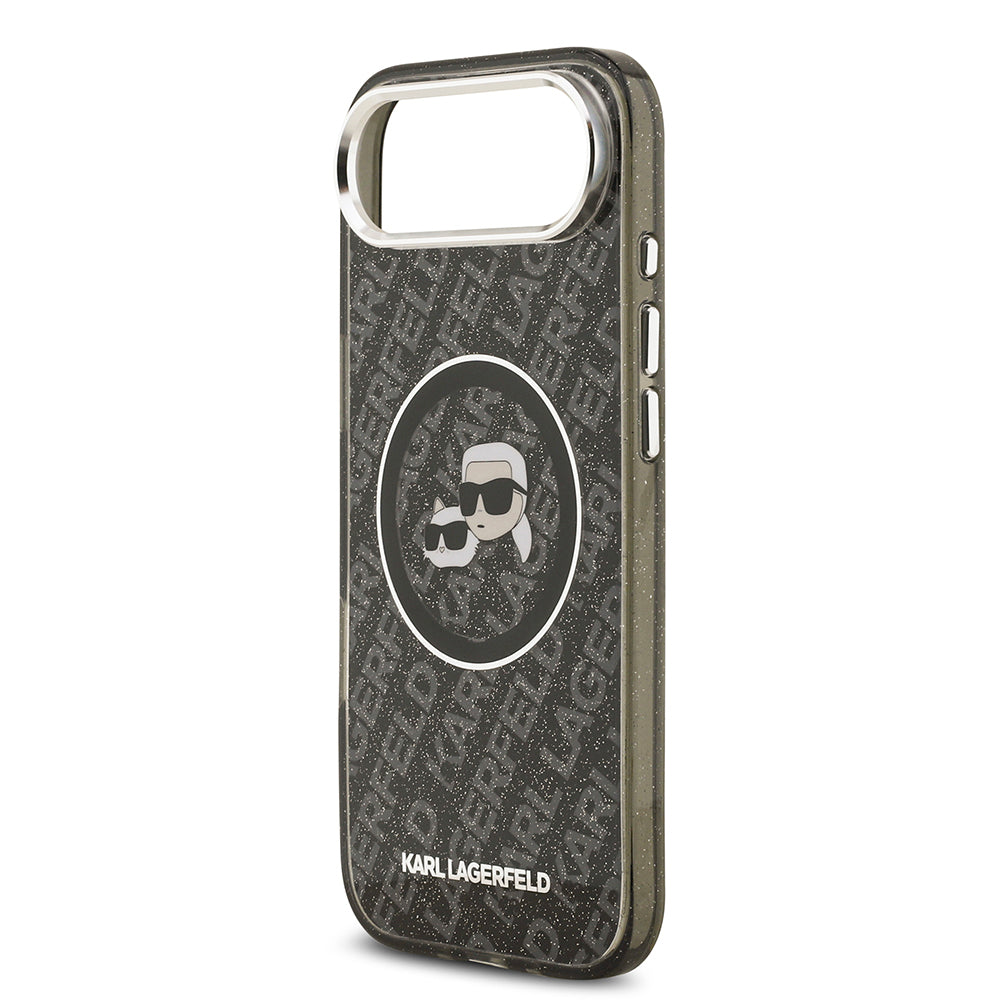 Apple iPhone 17 Air Kılıf Karl Lagerfeld Orjinal Lisanslı Parlayan Simli Karl & Choupette Heads Kapak Siyah
