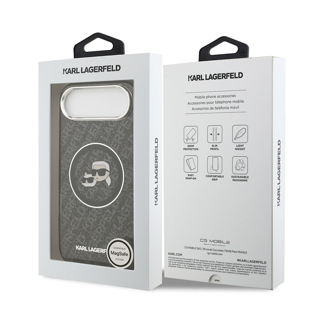 Apple iPhone 17 Air Kılıf Karl Lagerfeld Orjinal Lisanslı Parlayan Simli Karl & Choupette Heads Kapak Siyah