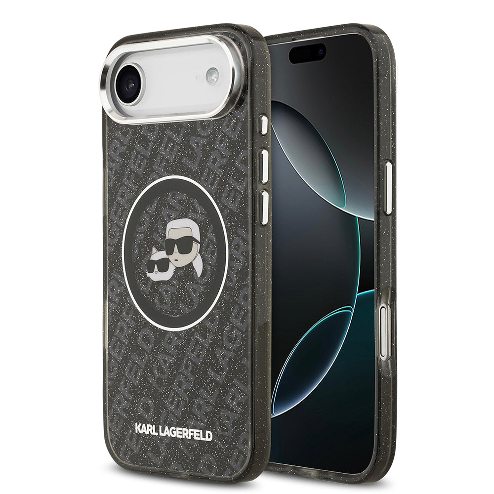 Apple iPhone 17 Air Kılıf Karl Lagerfeld Orjinal Lisanslı Parlayan Simli Karl & Choupette Heads Kapak Siyah