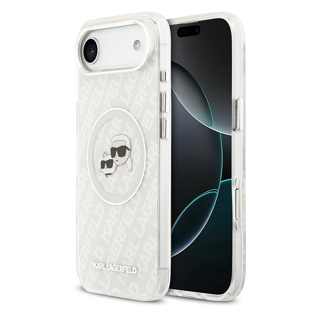 Apple iPhone 17 Air Kılıf Karl Lagerfeld Orjinal Lisanslı Parlayan Simli Karl & Choupette Heads Kapak Gri