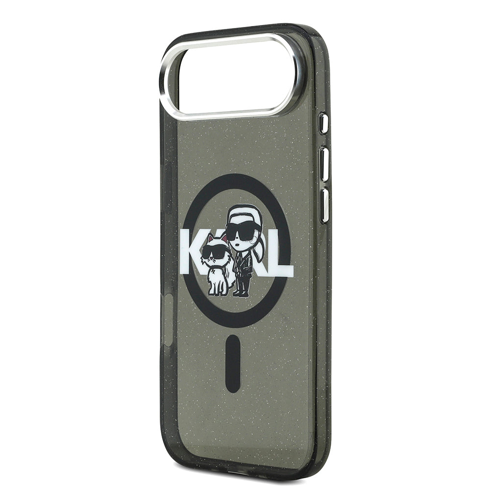 Apple iPhone 17 Air Kılıf Karl Lagerfeld Orjinal Lisanslı Parlayan Simli Karl & Choupette Sketch Logo Kapak Siyah