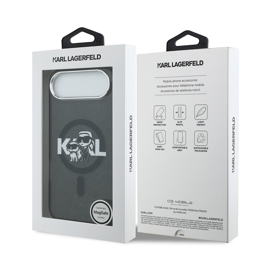 Apple iPhone 17 Air Kılıf Karl Lagerfeld Orjinal Lisanslı Parlayan Simli Karl & Choupette Sketch Logo Kapak Siyah