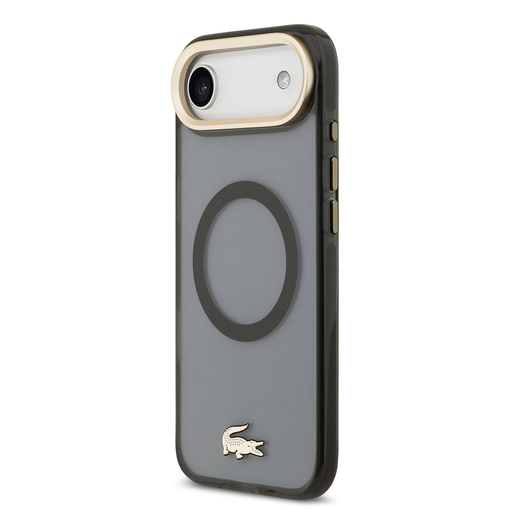Apple iPhone 17 Air Kılıf Lacoste Orjinal Lisanslı M-safe Şarj Özellikli Gold Timsah Logolu Buzlu Kapak Siyah