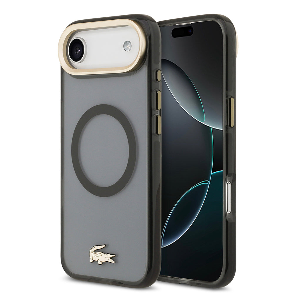 Apple iPhone 17 Air Kılıf Lacoste Orjinal Lisanslı M-safe Şarj Özellikli Gold Timsah Logolu Buzlu Kapak Siyah