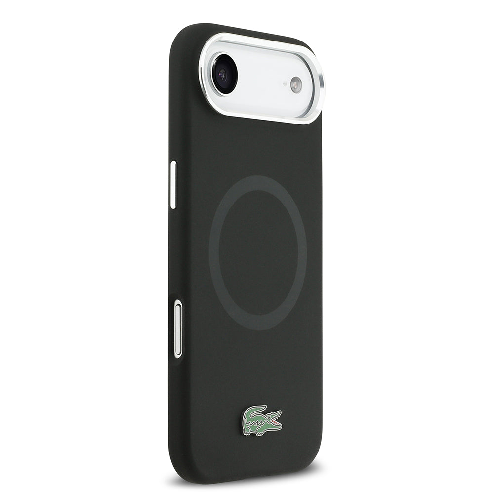 Apple iPhone 17 Air Kılıf Lacoste Orjinal Lisanslı M-safe Şarj Özellikli İkonik Logolu Metal Kamera Çerçeveli Silikon Kapak Siyah