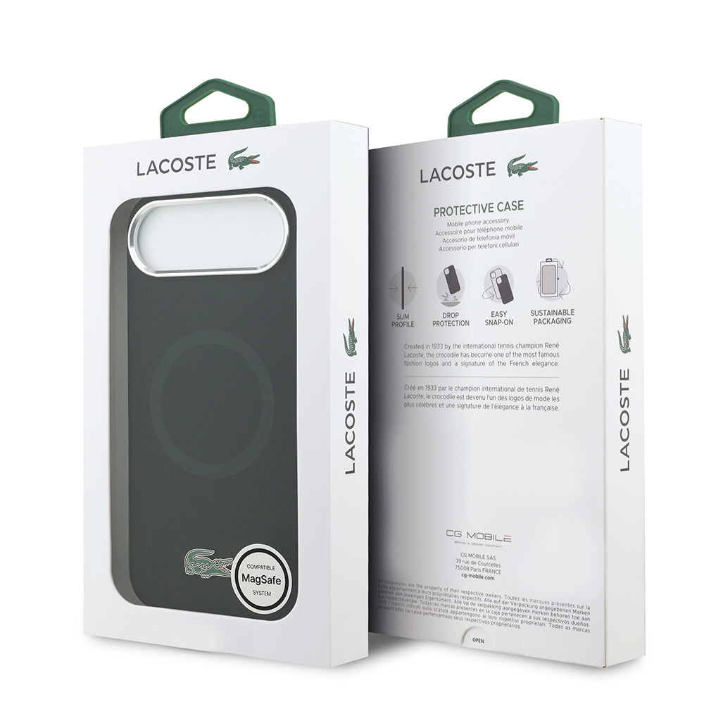 Apple iPhone 17 Air Kılıf Lacoste Orjinal Lisanslı M-safe Şarj Özellikli İkonik Logolu Metal Kamera Çerçeveli Silikon Kapak Siyah
