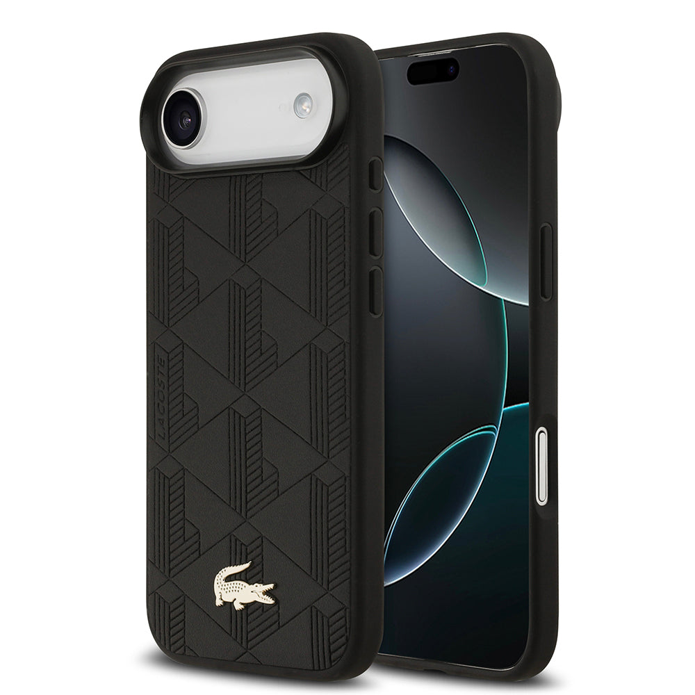 Apple iPhone 17 Air Kılıf Lacoste Orjinal Lisanslı M-safe Şarj Özellikli PU Deri Tasarımlı Karışık Monogram Desenli Kapak Siyah