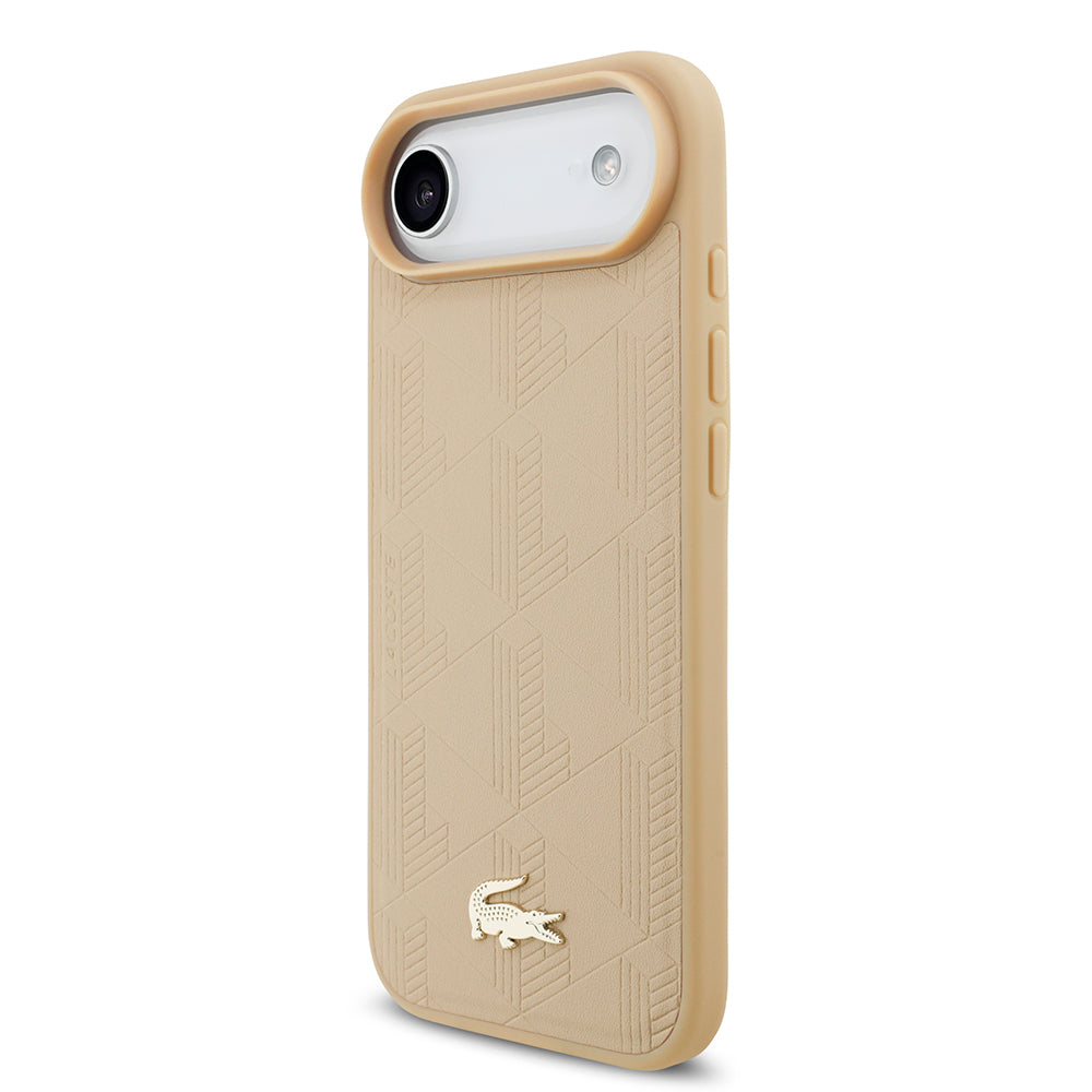Apple iPhone 17 Air Kılıf Lacoste Orjinal Lisanslı M-safe Şarj Özellikli PU Deri Tasarımlı Karışık Monogram Desenli Kapak Bej