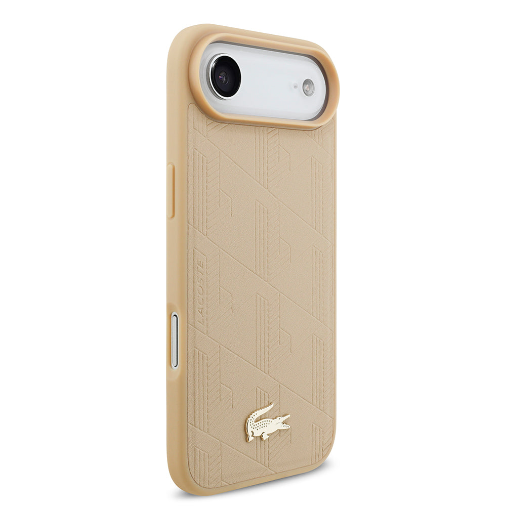 Apple iPhone 17 Air Kılıf Lacoste Orjinal Lisanslı M-safe Şarj Özellikli PU Deri Tasarımlı Karışık Monogram Desenli Kapak Bej