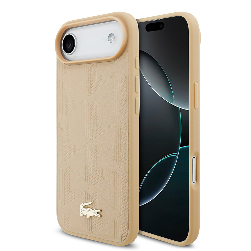 Apple iPhone 17 Air Kılıf Lacoste Orjinal Lisanslı M-safe Şarj Özellikli PU Deri Tasarımlı Karışık Monogram Desenli Kapak Bej