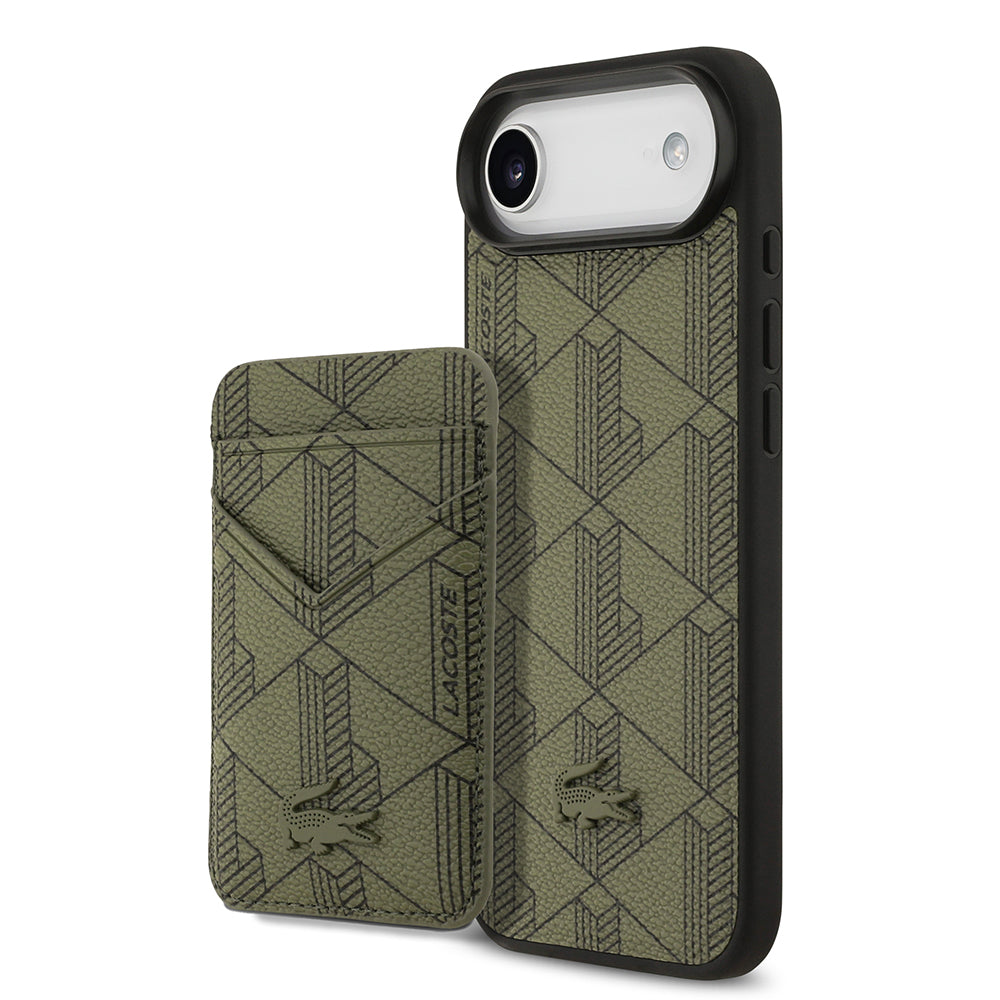 Apple iPhone 17 Air Kılıf Lacoste Orjinal Lisanslı M-safe Şarj Özellikli PU Deri Tasarımlı Kartlıklı Karışık Monogram Desenli Kapak Yeşil