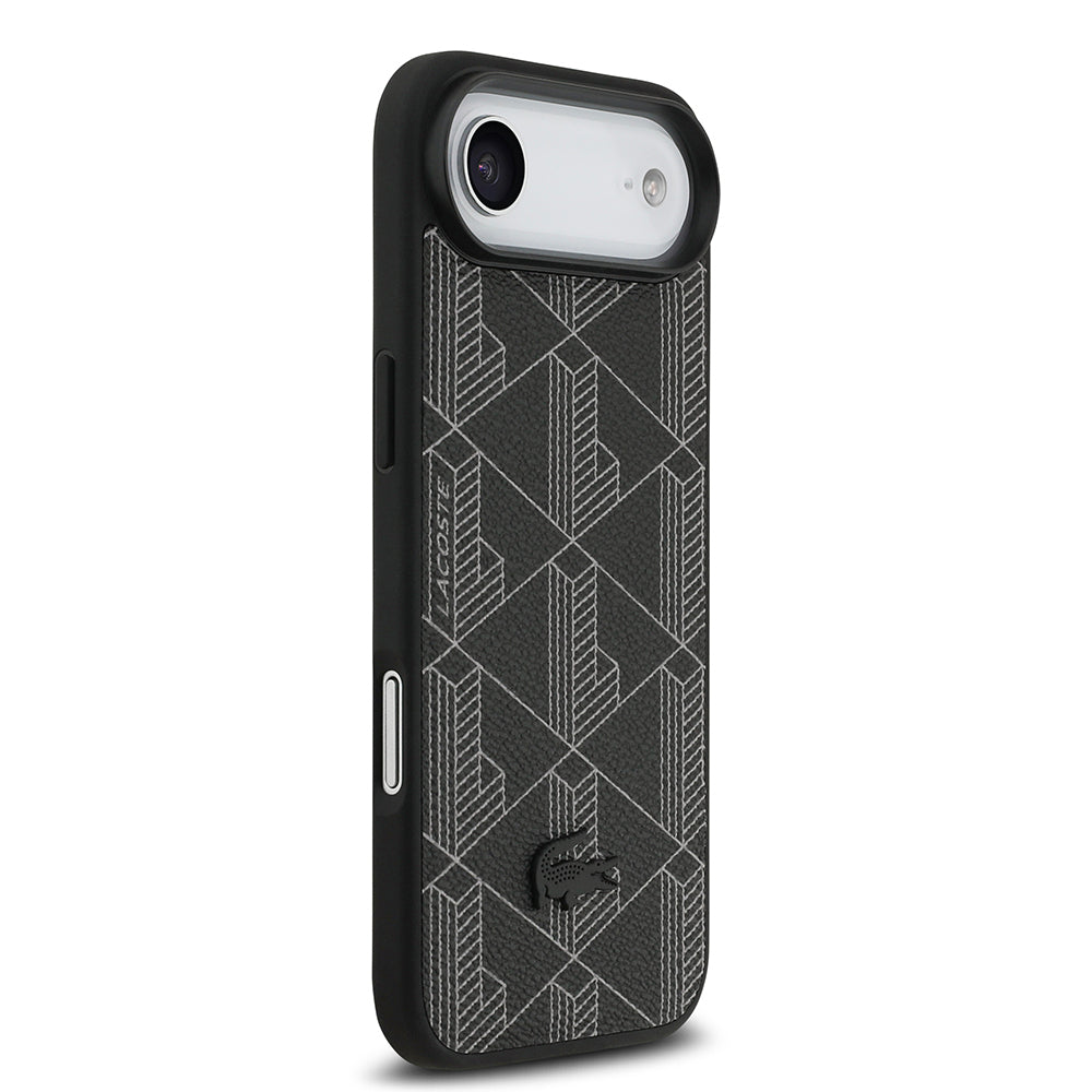 Apple iPhone 17 Air Kılıf Lacoste Orjinal Lisanslı M-safe Şarj Özellikli PU Deri Tasarımlı Kartlıklı Karışık Monogram Desenli Kapak Siyah