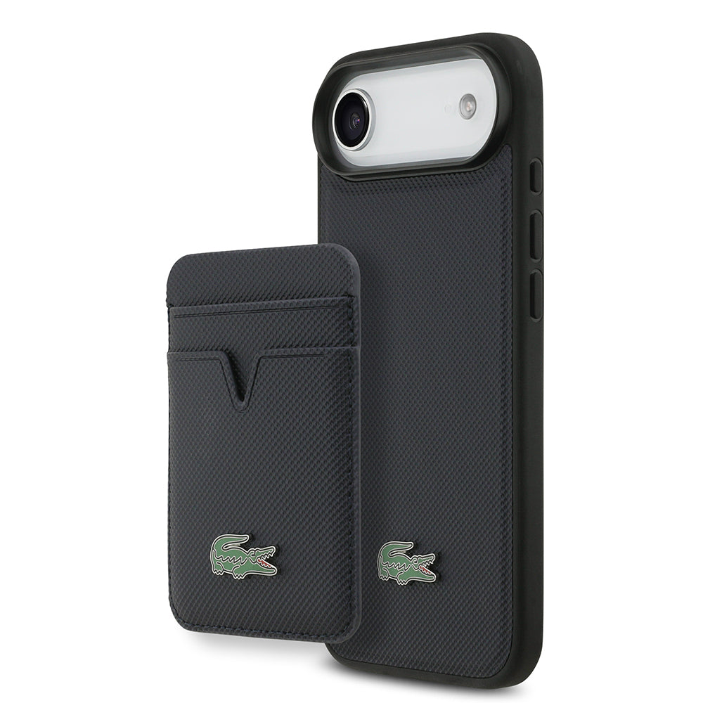 Apple iPhone 17 Air Kılıf Lacoste Orjinal Lisanslı M-safe Şarj Özellikli PU Pike Desenli Metal Logolu Kartlıklı Kapak Lacivert
