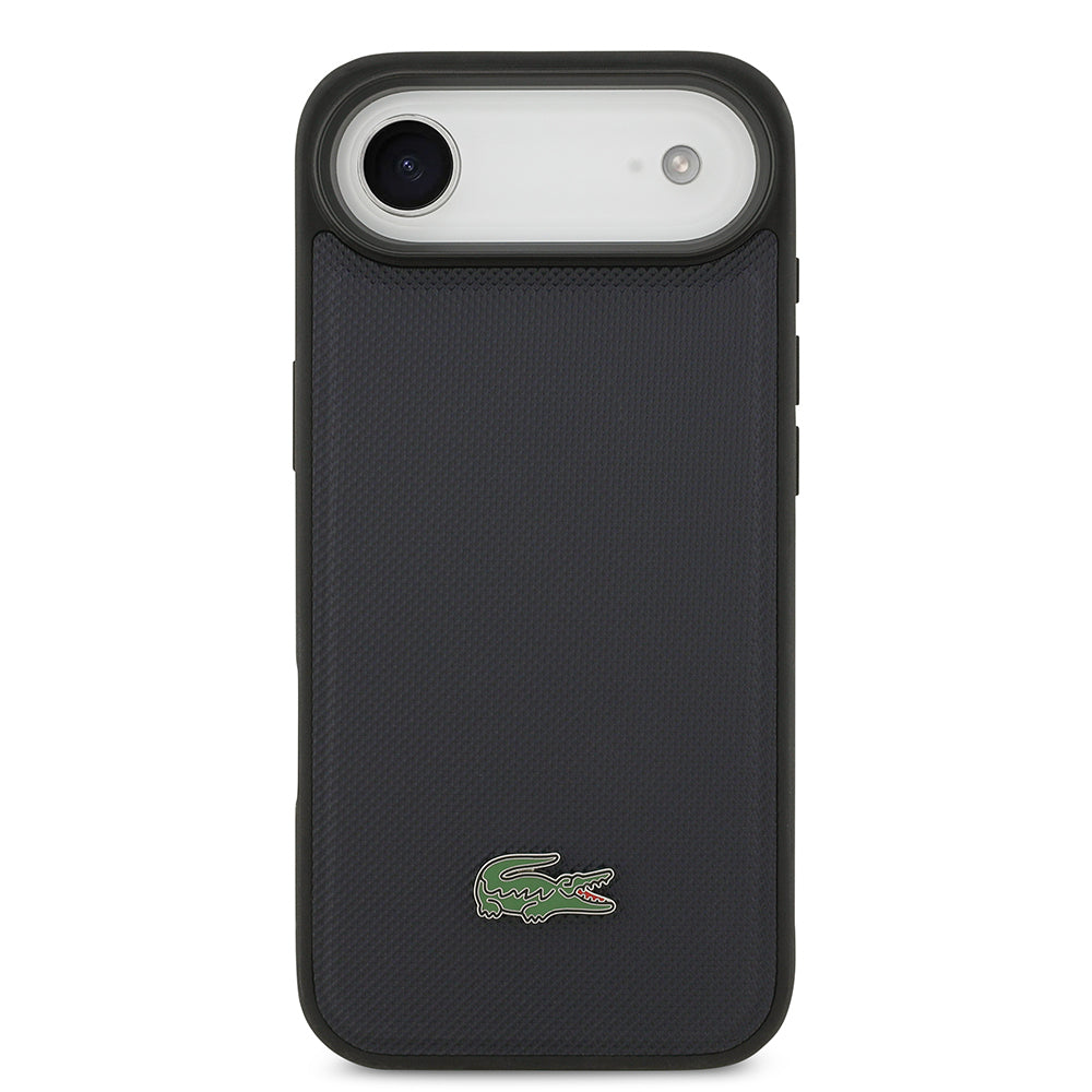 Apple iPhone 17 Air Kılıf Lacoste Orjinal Lisanslı M-safe Şarj Özellikli PU Pike Desenli Metal Logolu Kartlıklı Kapak Lacivert