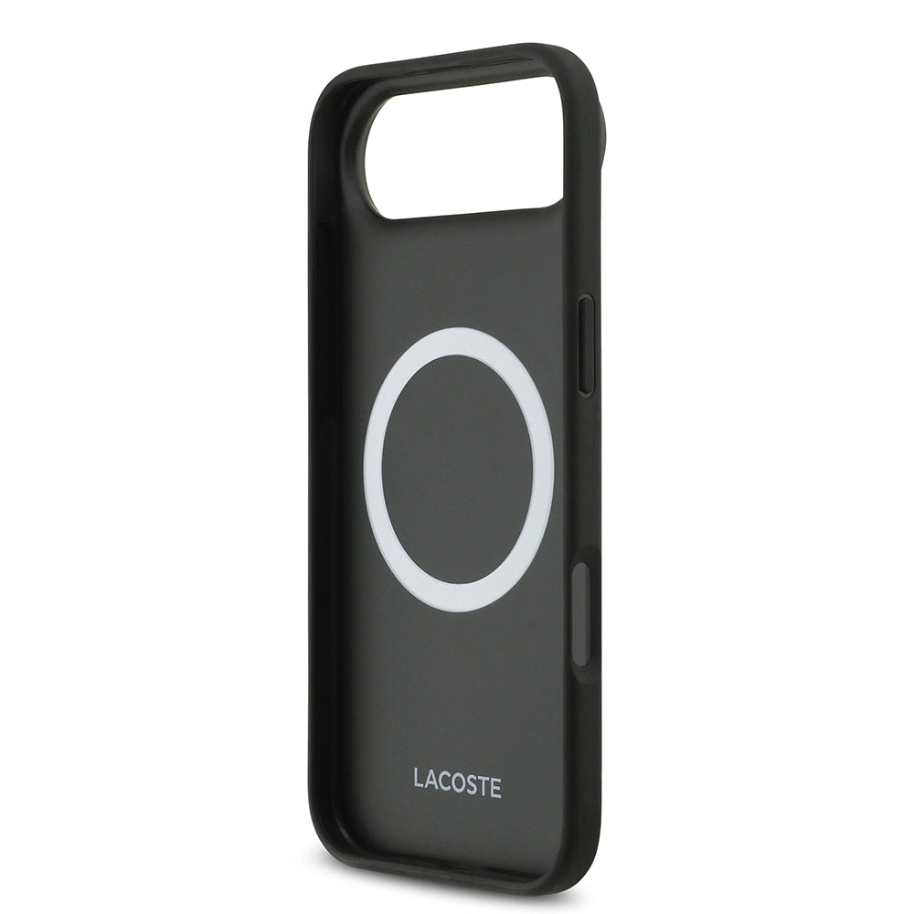 Apple iPhone 17 Air Kılıf Lacoste Orjinal Lisanslı M-safe Şarj Özellikli PU Pike Desenli Metal Logolu Kartlıklı Kapak Lacivert