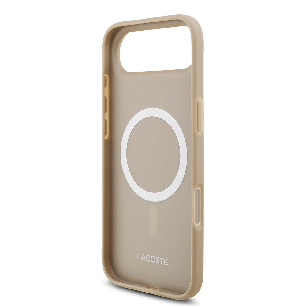 Apple iPhone 17 Air Kılıf Lacoste Orjinal Lisanslı M-safe Şarj Özellikli PU Pike Desenli Metal Logolu Kartlıklı Kapak Bej