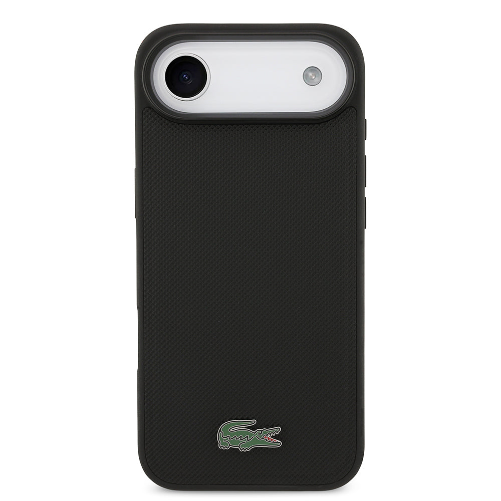 Apple iPhone 17 Air Kılıf Lacoste Orjinal Lisanslı M-safe Şarj Özellikli PU Pike Desenli Metal Logolu Kartlıklı Kapak Siyah