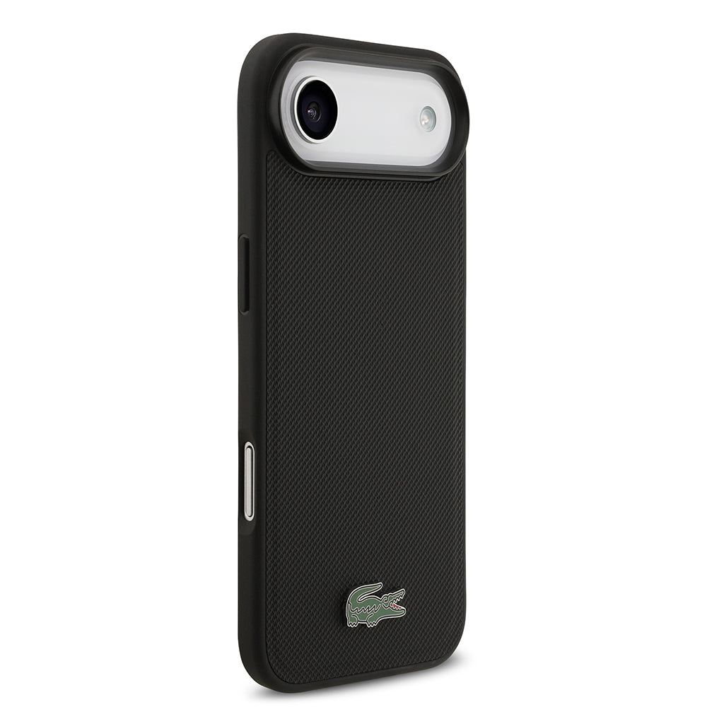 Apple iPhone 17 Air Kılıf Lacoste Orjinal Lisanslı M-safe Şarj Özellikli PU Pike Desenli Metal Logolu Kartlıklı Kapak Siyah