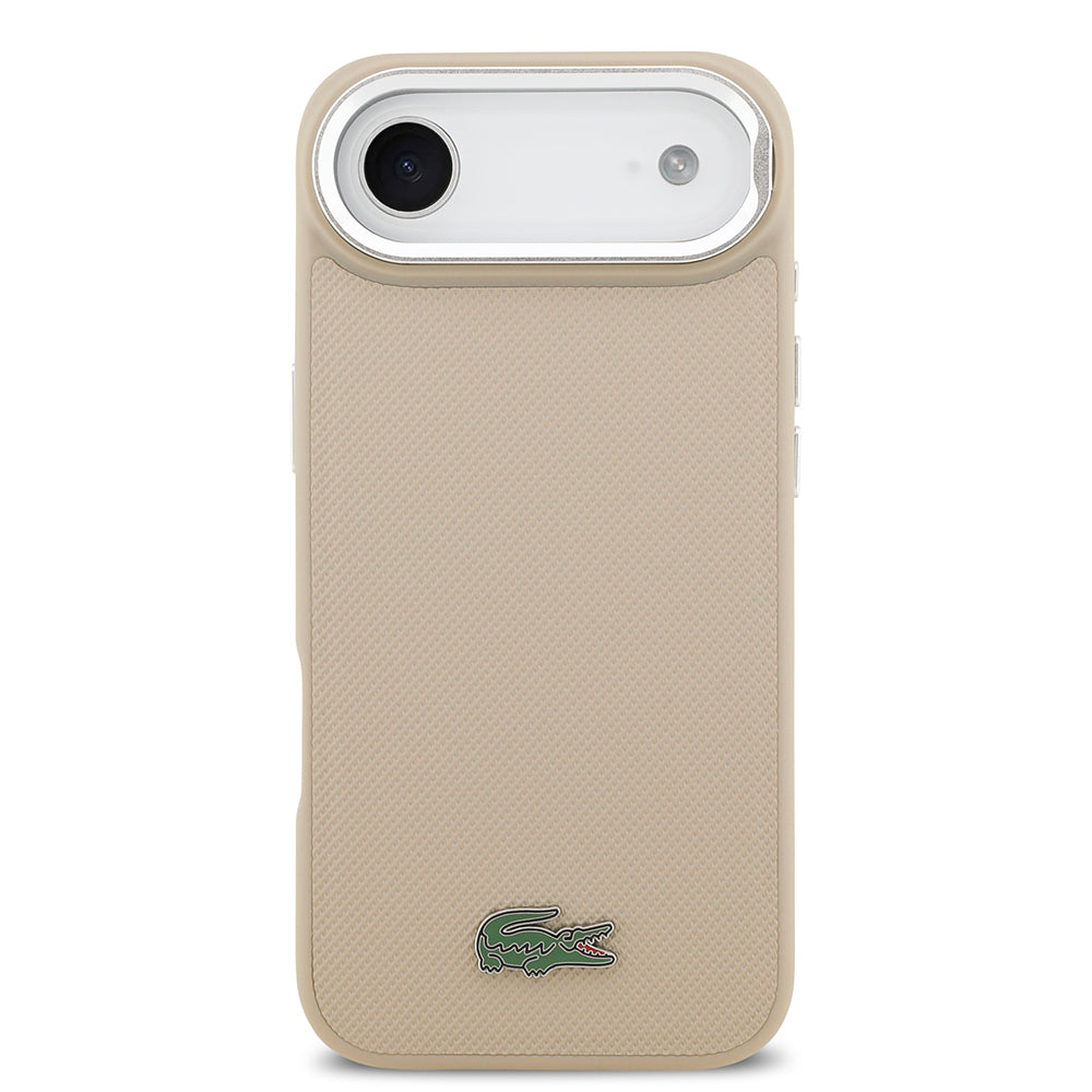 Apple iPhone 17 Air Kılıf Lacoste Orjinal Lisanslı M-safe Şarj Özellikli PU Pike Desenli Standlı Metal Logolu Kapak Bej