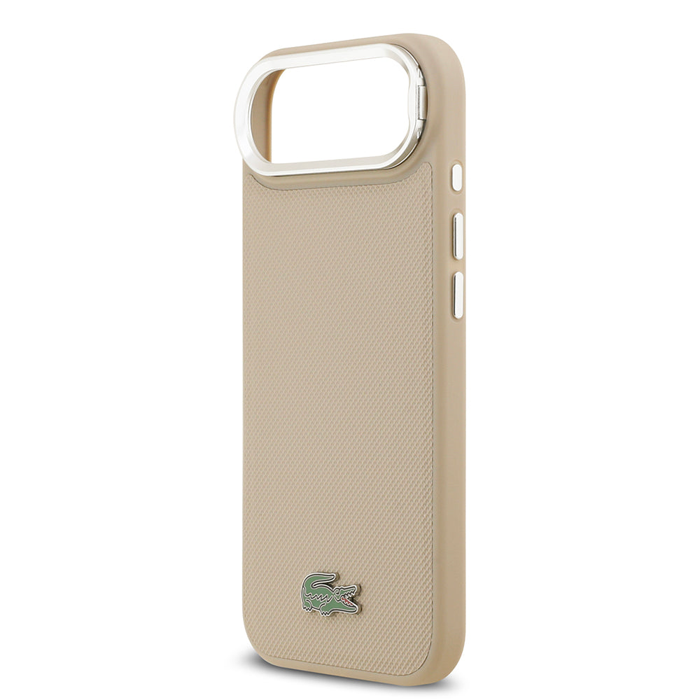 Apple iPhone 17 Air Kılıf Lacoste Orjinal Lisanslı M-safe Şarj Özellikli PU Pike Desenli Standlı Metal Logolu Kapak Bej