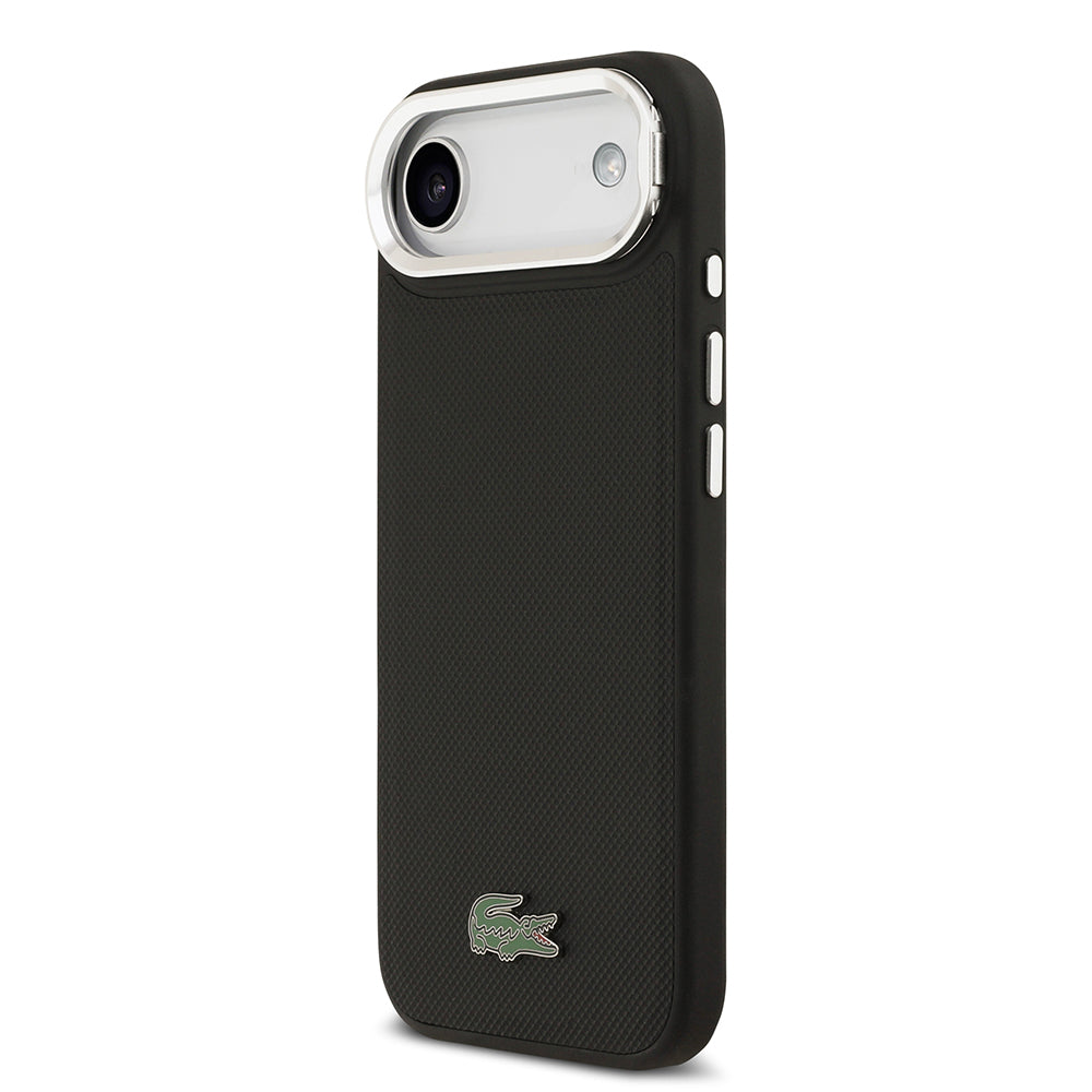 Apple iPhone 17 Air Kılıf Lacoste Orjinal Lisanslı M-safe Şarj Özellikli PU Pike Desenli Standlı Metal Logolu Kapak Siyah