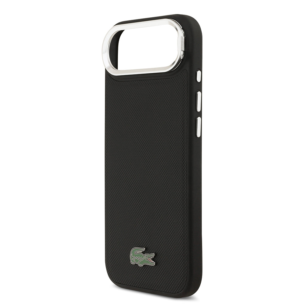 Apple iPhone 17 Air Kılıf Lacoste Orjinal Lisanslı M-safe Şarj Özellikli PU Pike Desenli Standlı Metal Logolu Kapak Siyah
