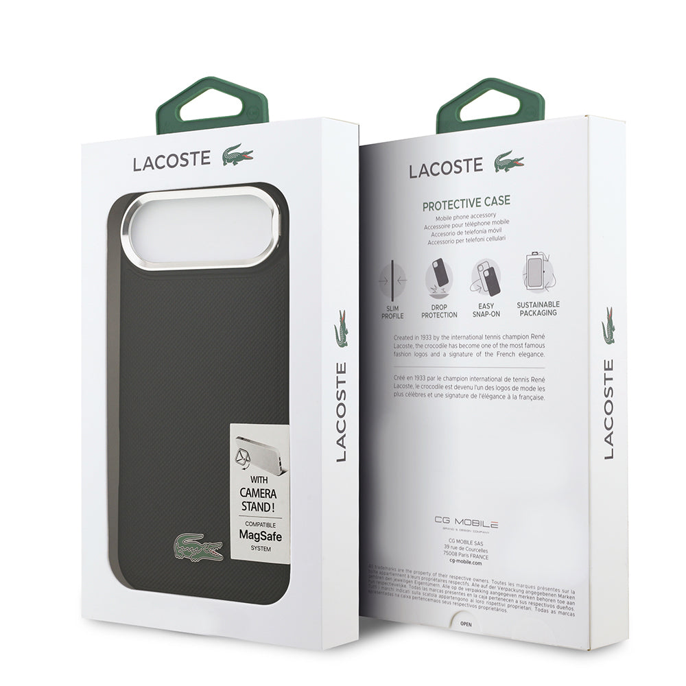 Apple iPhone 17 Air Kılıf Lacoste Orjinal Lisanslı M-safe Şarj Özellikli PU Pike Desenli Standlı Metal Logolu Kapak Siyah