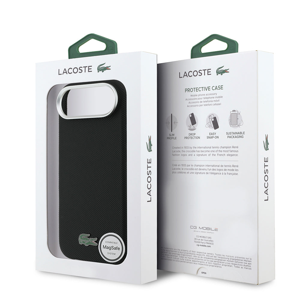 Apple iPhone 17 Air Kılıf Lacoste Orjinal Lisanslı M-Safe Şarj Özellikli PVC Pike Desenli Arka Yüzey İkonik Timsah Dokuma Logolu Kapak Siyah