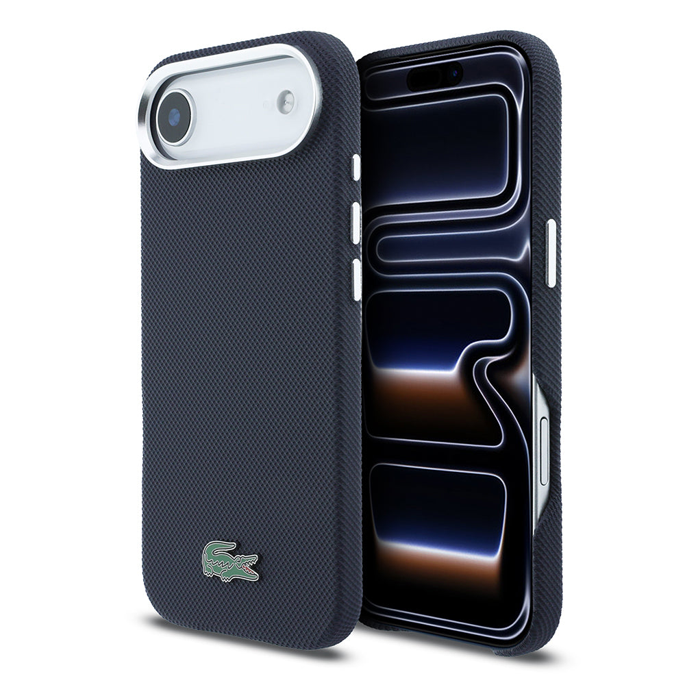 Apple iPhone 17 Air Kılıf Lacoste Orjinal Lisanslı M-Safe Şarj Özellikli PVC Pike Desenli Arka Yüzey İkonik Timsah Dokuma Logolu Kapak Lacivert