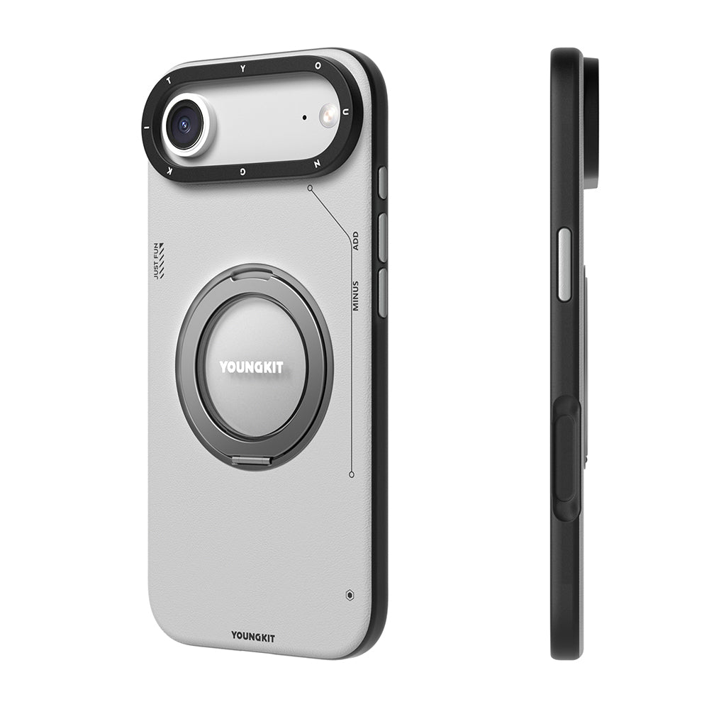Apple iPhone 17 Air Kılıf M-safe Şarj Özellikli 360 Derece Standlı Basit Mat Deri Desenli Youngkit Tech Leather Serisi Kapak Gri