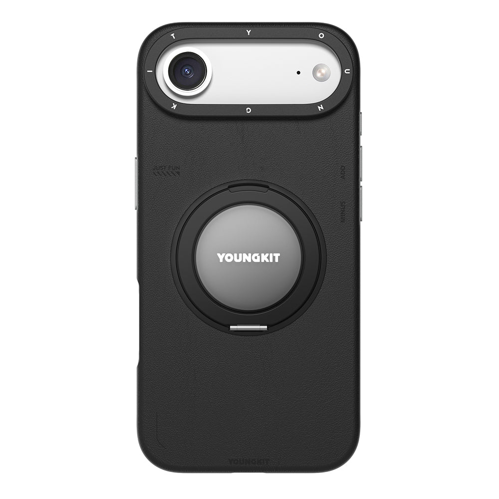 Apple iPhone 17 Air Kılıf M-safe Şarj Özellikli 360 Derece Standlı Basit Mat Deri Desenli Youngkit Tech Leather Serisi Kapak Siyah