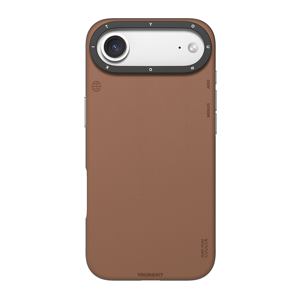 Apple iPhone 17 Air Kılıf M-safe Şarj Özellikli Basit Mat Deri Desenli Youngkit Tech Fashion Serisi Kapak Kahverengi