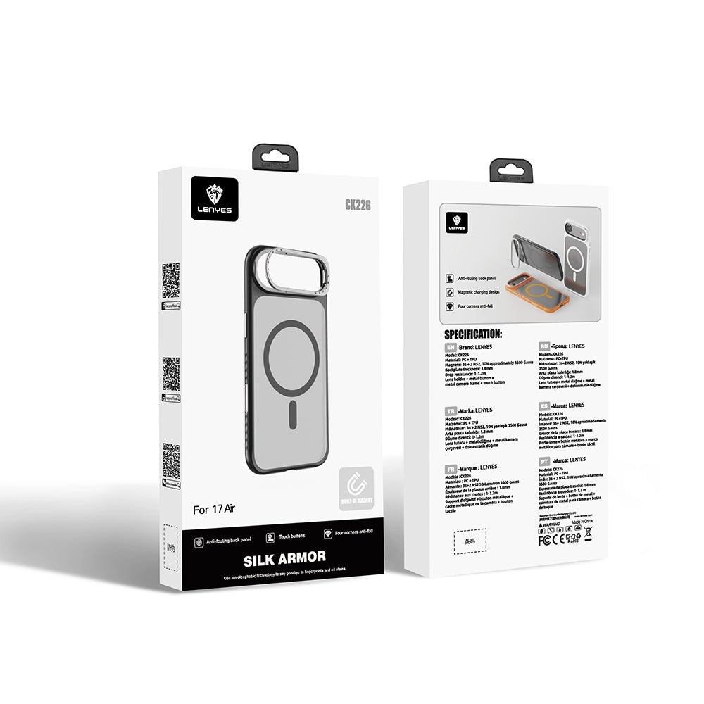 Apple iPhone 17 Air Kılıf M-safe Şarj Özellikli Metal Kamera Standlı Lenyes CK226 PC Kapak Siyah