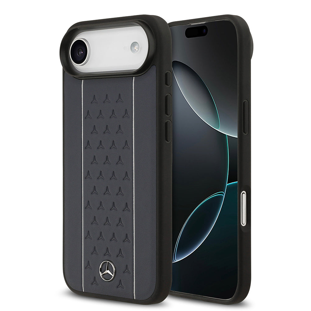 Apple iPhone 17 Air Kılıf Mercedes Benz Orjinal Lisanslı M-safe Şarj Özellikli Şeritli Yıldız Desenli Metal Logolu Deri Kapak Lacivert